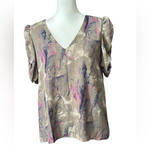 Adrienne Swirl Pattern V-Neck Blouse - Pink and Tan Sz Small